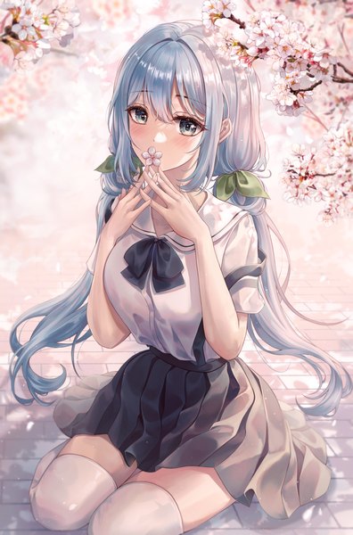 Anime picture 2840x4299 with original pippin sol single long hair tall image looking at viewer blush fringe highres hair between eyes sitting twintails payot blue hair full body pleated skirt mole arms up short sleeves grey eyes