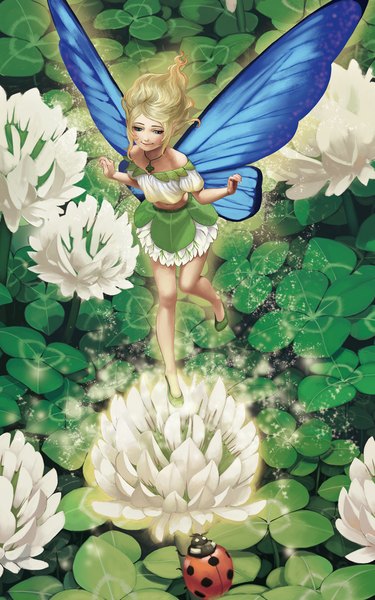 Anime picture 1400x2240 with original tokunaga3046 single tall image short hair blue eyes blonde hair smile bare shoulders bent knee (knees) from above bare belly looking down spread arms fantasy insect wings butterfly wings minigirl fairy girl