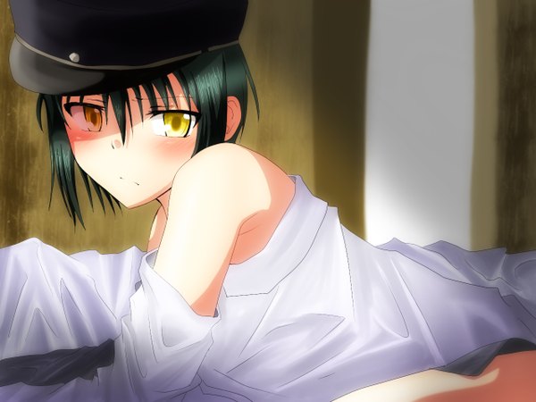 Anime picture 1280x960 with angel beats! key (studio) naoi ayato blush short hair black hair bare shoulders yellow eyes boy hat