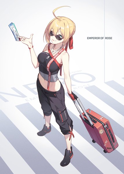 Anime picture 1000x1400 with fate (series) fate/extra nero claudius (fate) (all) nero claudius (fate) nian (zhanian) single tall image looking at viewer fringe short hair blonde hair hair between eyes standing white background bare shoulders holding green eyes payot full body ahoge