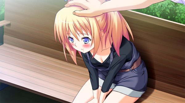 Anime picture 1024x576 with primary step blush short hair blue eyes blonde hair wide image sitting game cg tears hand on head girl bench