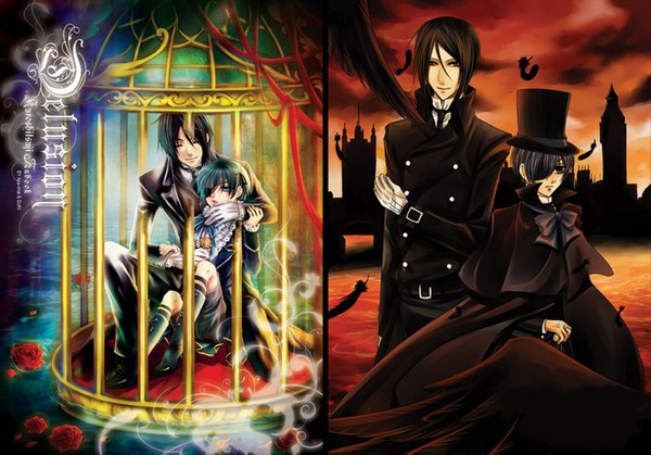 Anime picture 1500x1049 with kuroshitsuji a-1 pictures sebastian michaelis ciel phantomhive looking at viewer short hair blue eyes black hair smile red eyes sitting multiview butler boy gloves flower (flowers) hat feather (feathers) cloak eyepatch