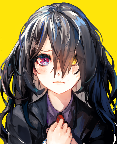 Anime picture 1638x2000 with original maido mido single long hair tall image looking at viewer blush fringe black hair simple background hair between eyes yellow eyes upper body parted lips pink eyes hair over one eye heterochromia hand on chest yellow background hands clasped