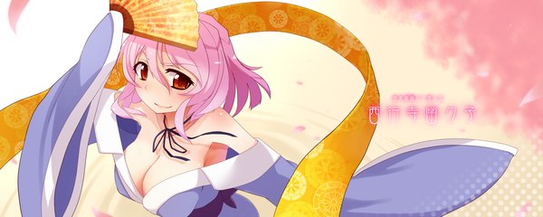 Anime picture 2499x1000 with touhou saigyouji yuyuko oyaji-sou single blush highres short hair smile red eyes wide image pink hair japanese clothes girl fan shawl