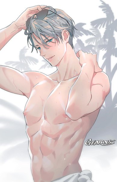 Anime picture 776x1200 with yuri!!! on ice mappa viktor nikiforov gearous single tall image looking at viewer blush fringe short hair blue eyes light erotic hair between eyes standing signed nipples upper body parted lips head tilt light smile