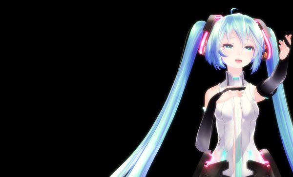 Anime picture 1980x1200 with vocaloid vocaloid append hatsune miku hatsune miku (append) single long hair highres open mouth blue eyes wide image twintails bare shoulders aqua hair black background girl gloves elbow gloves