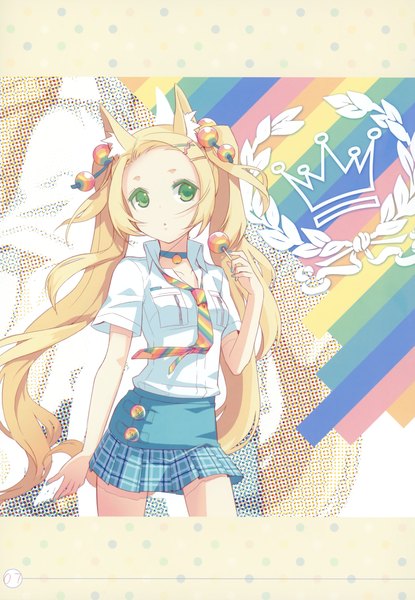 Anime picture 2098x3031 with original blonde blossom (artbook) h2so4 single long hair tall image looking at viewer highres open mouth blonde hair twintails green eyes animal ears nail polish scan open collar girl skirt hair ornament shirt
