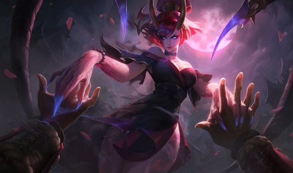 Anime picture 1920x1133 with league of legends evelynn (league of legends) esben lash rasmussen looking at viewer highres short hair breasts blue eyes light erotic wide image bare shoulders cleavage cloud (clouds) outdoors red hair nail polish traditional clothes japanese clothes horn (horns) fingernails