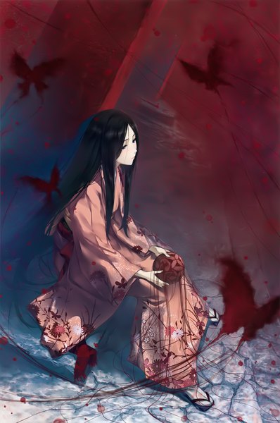Anime picture 2656x4000 with kara no shoujo innocent grey satsuki (kara no shoujo 2) sugina miki single long hair tall image highres black hair sitting holding looking away full body traditional clothes japanese clothes from above black eyes scan wide sleeves official art