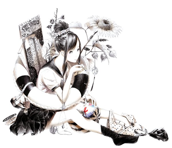 Anime picture 1600x1382 with original sousou (sousouworks) single long hair looking at viewer light erotic black hair simple background white background sitting holding full body braid (braids) pleated skirt barefoot grey eyes mouth hold monochrome polka dot single shoe