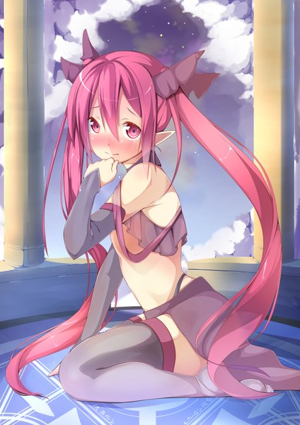 Anime picture 1240x1754 with original byte (allbyte) single long hair tall image looking at viewer blush red eyes sitting twintails cloud (clouds) red hair pointy ears wariza girl thighhighs skirt ribbon (ribbons) hair ribbon miniskirt