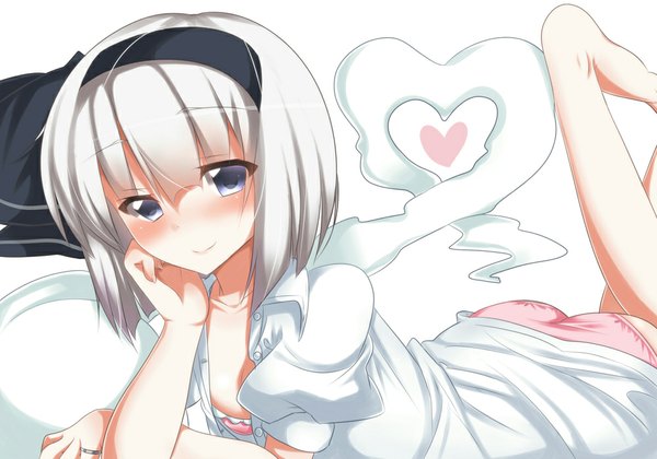 Anime picture 1000x700 with touhou konpaku youmu myon noarin (artist) single looking at viewer blush short hair blue eyes simple background white background white hair lying barefoot light smile open clothes open shirt girl underwear panties