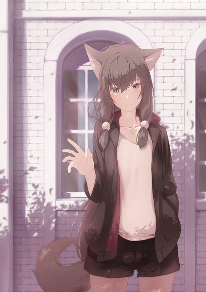 Anime picture 1447x2047 with original mikisai single long hair tall image looking at viewer fringe smile hair between eyes brown hair standing animal ears payot outdoors tail long sleeves head tilt animal tail open jacket shadow