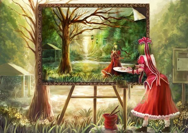 Anime picture 3508x2480 with touhou kagiyama hina oto taku (artist) highres green eyes absurdres green hair landscape painting girl skirt ribbon (ribbons) plant (plants) tree (trees) skirt set