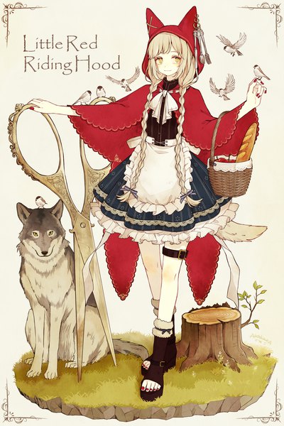 Anime picture 1000x1500 with little red riding hood original grimm's fairy tales little red riding hood (character) big bad wolf akakura single long hair tall image looking at viewer blush fringe simple background blonde hair standing yellow eyes full body braid (braids) nail polish fingernails