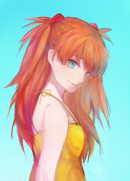 Anime picture 1025x1418 with neon genesis evangelion gainax soryu asuka langley yannysha single long hair tall image looking at viewer fringe blue eyes simple background smile twintails bare shoulders orange hair blue background girl