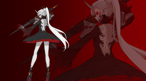 Anime picture 4447x2479 with rwby rooster teeth weiss schnee grimm dishwasher1910 single long hair fringe highres simple background red eyes wide image standing holding absurdres full body white hair ponytail braid (braids) long sleeves