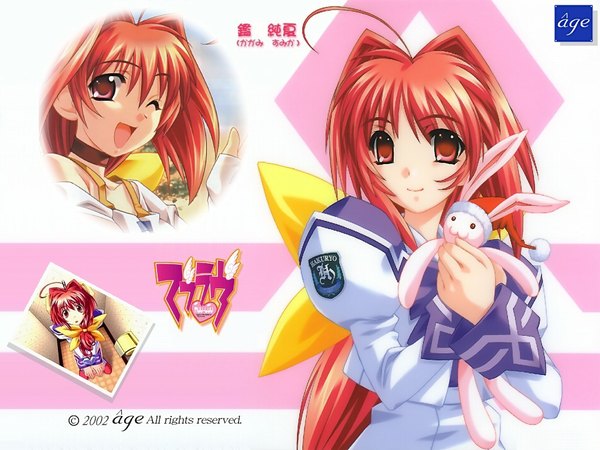 Anime picture 1024x768 with muv-luv kagami sumika bou long hair smile red eyes ahoge red hair one eye closed wink wallpaper uniform school uniform toy stuffed animal bunny bathroom toilet