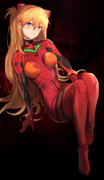 Anime picture 1212x2087 with neon genesis evangelion gainax soryu asuka langley untue single long hair tall image looking at viewer blush fringe breasts blue eyes simple background hair between eyes sitting full body parted lips head tilt orange hair arm support