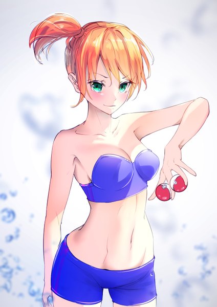 Anime picture 1000x1414 with pokemon nintendo misty (pokemon) smile (qd4nsvik) single tall image looking at viewer blush short hair light erotic green eyes arm up light smile blurry orange hair shadow groin side ponytail girl swimsuit