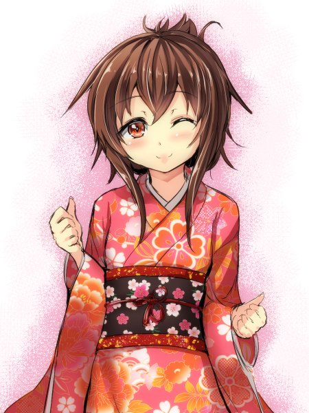 Anime picture 900x1200 with kantai collection inazuma destroyer gin'ichi (akacia) single long hair tall image looking at viewer blush smile brown hair brown eyes traditional clothes japanese clothes one eye closed wink wide sleeves floral print girl obi yukata