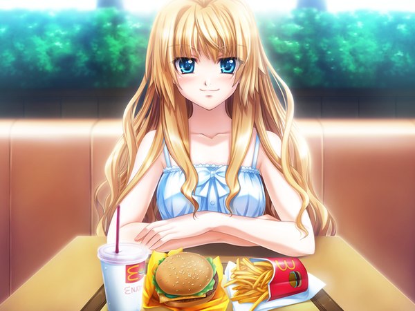 Anime picture 1200x900 with cthulhu - great hunting mcdonald's long hair blue eyes blonde hair game cg product placement girl sundress disposable cup hamburger
