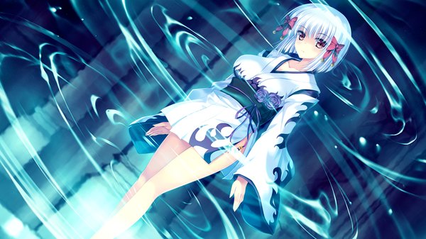 Anime picture 1280x720 with koiken otome single looking at viewer short hair wide image game cg white hair traditional clothes japanese clothes pink eyes girl bow hair bow kimono obi