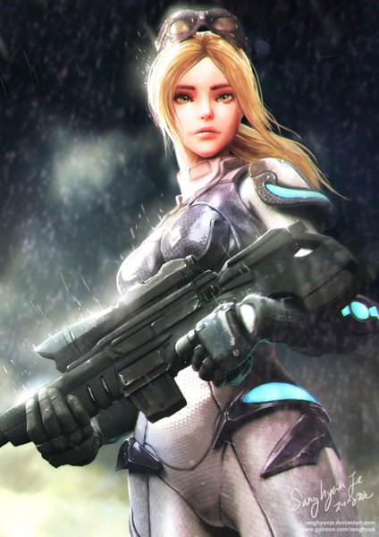 Anime picture 1240x1754 with starcraft blizzard entertainment nova (starcraft) sanghyunje single long hair tall image looking at viewer blonde hair green eyes lips goggles on head girl weapon gun bodysuit goggles sniper rifle