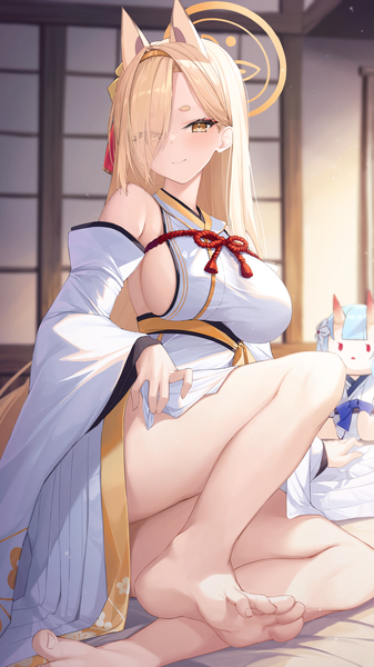 Anime-Bild 2160x3840 mit blue archive kaho (blue archive) chise (blue archive) kuro (rudyan0128) single long hair tall image looking at viewer fringe highres breasts light erotic blonde hair animal ears yellow eyes indoors traditional clothes japanese clothes hair over one eye bare legs