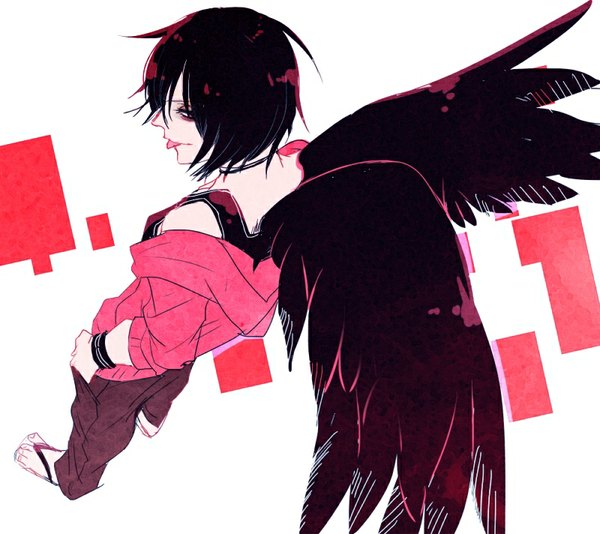 Anime picture 800x712 with kamisama hajimemashita kurama (kamisama hajimemashita) sujikura single fringe short hair standing brown eyes red hair looking back light smile from above :p black wings hands in pockets boy wings jacket tongue pants