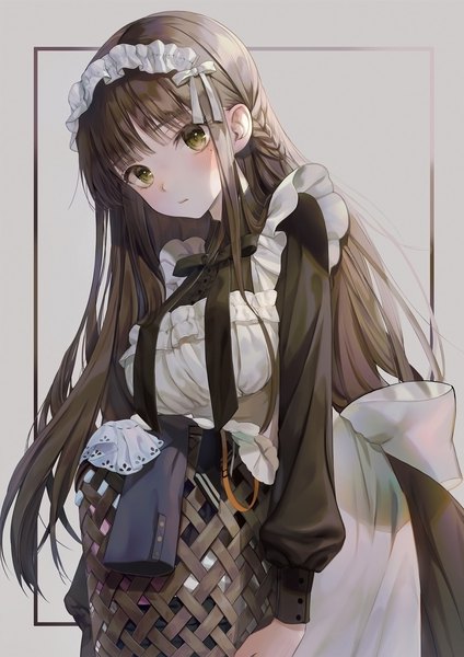 Anime picture 1500x2122 with original minncn single long hair tall image looking at viewer blush fringe breasts simple background brown hair holding green eyes blunt bangs braid (braids) head tilt grey background mole maid mole under eye