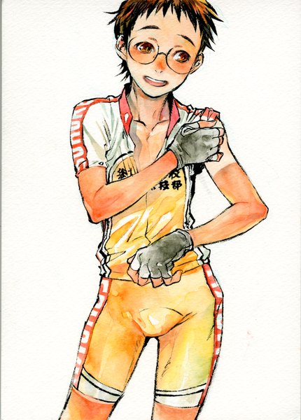 Anime picture 717x1000 with yowamushi pedal onoda sakamichi asami you single tall image blush short hair simple background brown hair white background looking away traditional media tan tan lines watercolor (medium) boy gloves glasses shorts fingerless gloves