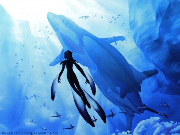 Anime picture 1600x1200 with blue submarine no 6 gonzo nona (artist) silhouette sea fish (fishes)