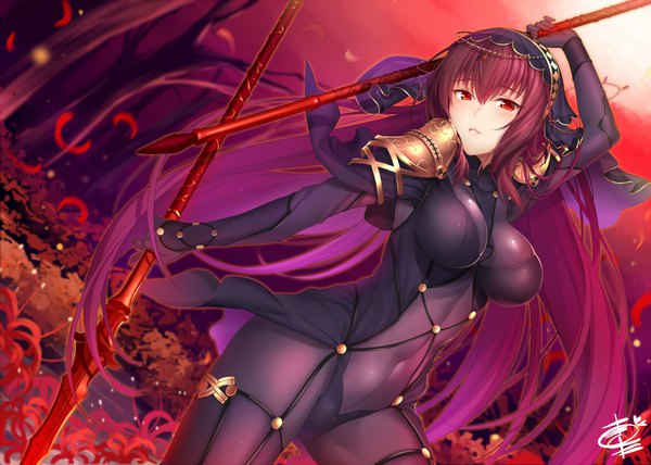 Anime picture 1000x714 with fate (series) fate/grand order scathach (fate) (all) scathach (fate) okitakung single long hair looking at viewer blush fringe breasts light erotic hair between eyes red eyes large breasts standing holding signed purple hair parted lips