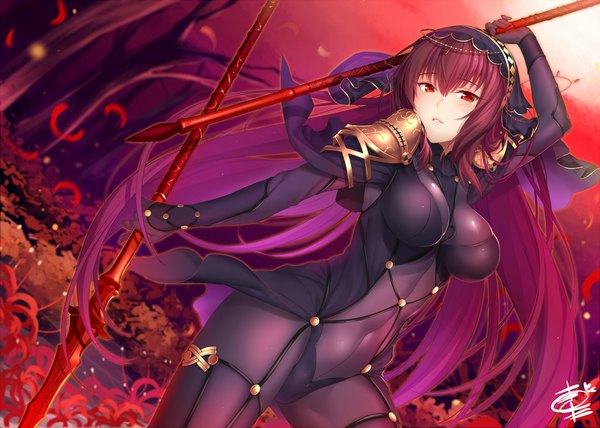 イラスト 1000x714 と Fateシリーズ fate/grand order scathach (fate) (all) スカサハ(fate) おきたくん ソロ 長髪 カメラ目線 赤面 前髪 おっぱい light erotic hair between eyes 赤い目 大きな乳房 立つ holding signed purple hair parted lips