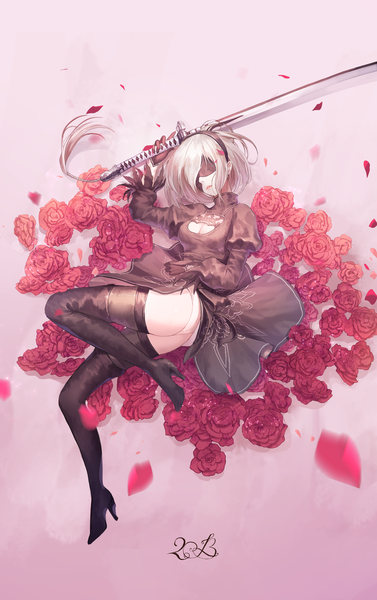 Anime picture 1500x2384 with nier nier:automata yorha no. 2 type b pod (nier:automata) seol single tall image short hair breasts light erotic simple background full body bent knee (knees) ass white hair lying head tilt from above mole high heels