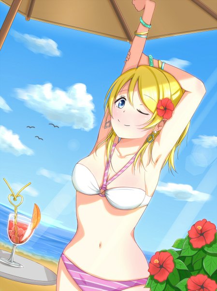 Anime picture 1000x1335 with love live! school idol project sunrise (studio) love live! ayase eli bee con25 tall image blush short hair blue eyes light erotic blonde hair smile sky cloud (clouds) ponytail one eye closed wink beach girl navel