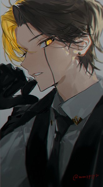 Anime picture 860x1557 with mashle a-1 pictures rayne ames mm39572 single tall image looking at viewer short hair black hair blonde hair signed yellow eyes upper body parted lips multicolored hair two-tone hair twitter username piercing ear piercing boy
