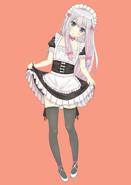 Anime picture 2480x3507 with eromanga sensei a-1 pictures izumi sagiri dylannn single long hair tall image looking at viewer fringe highres blue eyes simple background standing pink hair silver hair full body head tilt :o maid alternate costume