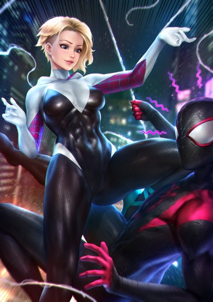 Anime picture 2480x3508 with marvel comics spider-man (series) spider-man: into the spider-verse gwen stacy spider-gwen spider-man (miles morales) miles morales nudtawut thongmai tall image highres short hair breasts light erotic blonde hair bent knee (knees) outdoors parted lips lips blurry realistic