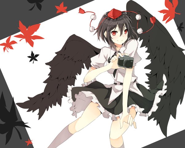 Anime picture 1200x960 with touhou shameimaru aya kako11 (artist) single short hair black hair red eyes girl wings leaf (leaves) camera tokin hat