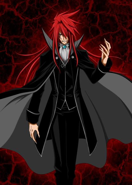 Anime picture 1000x1404 with blood soul red (blood soul) flowerinhell single long hair tall image looking at viewer simple background red hair teeth orange eyes fang (fangs) tattoo grin vampire boy cloak suit claws jabot