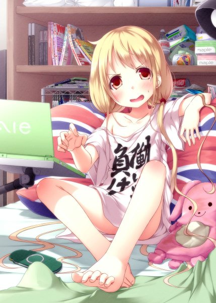 Anime picture 858x1200 with idolmaster idolmaster cinderella girls futaba anzu kago no tori single long hair tall image blush open mouth light erotic blonde hair red eyes sitting twintails payot ahoge indoors barefoot low twintails clothes writing