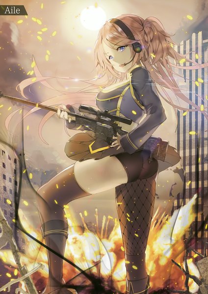 Anime picture 2472x3500 with melonbooks aile (crossroads) single long hair tall image highres open mouth blue eyes light erotic brown hair looking back scan explosion girl thighhighs skirt underwear panties weapon black thighhighs