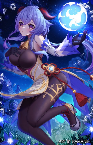 Anime picture 900x1391 with genshin impact ganyu (genshin impact) kamaniki single long hair tall image looking at viewer fringe breasts light erotic hair between eyes large breasts purple eyes signed blue hair ahoge horn (horns) night sparkle hand on chest