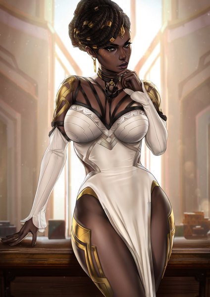Anime picture 3508x4961 with league of legends mel medarda dandon fuga single tall image looking at viewer fringe highres short hair breasts light erotic black hair large breasts standing green eyes absurdres fingernails lips realistic dark skin