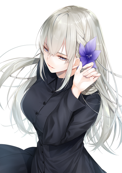 Anime picture 800x1133 with original lydia macarthur waka (shark waka) single long hair tall image fringe breasts simple background hair between eyes standing white background payot looking away silver hair upper body long sleeves parted lips arm up hair flower