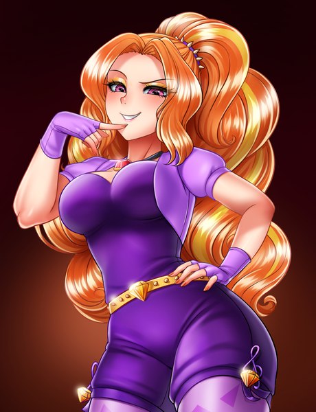 Anime picture 6000x7813 with my little pony adagio dazzle racoon-kun single long hair tall image looking at viewer blush highres breasts smile large breasts standing absurdres multicolored hair orange hair two-tone hair streaked hair hand on hip finger to mouth