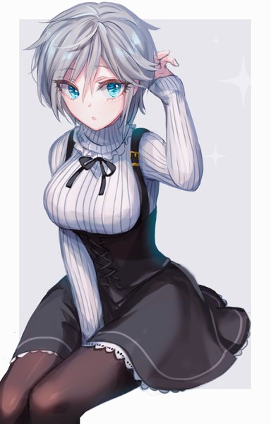 Anime picture 1640x2560 with idolmaster idolmaster cinderella girls anastasia (idolmaster) rum raisin (chihiromakita19) single tall image looking at viewer blush fringe short hair breasts open mouth blue eyes simple background hair between eyes sitting silver hair long sleeves arm up grey background