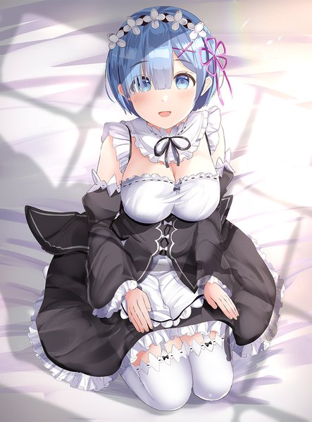 Anime picture 885x1200 with re:zero kara hajimeru isekai seikatsu white fox rem (re:zero) morerin single tall image looking at viewer blush fringe short hair breasts open mouth blue eyes large breasts sitting blue hair cleavage indoors :d from above